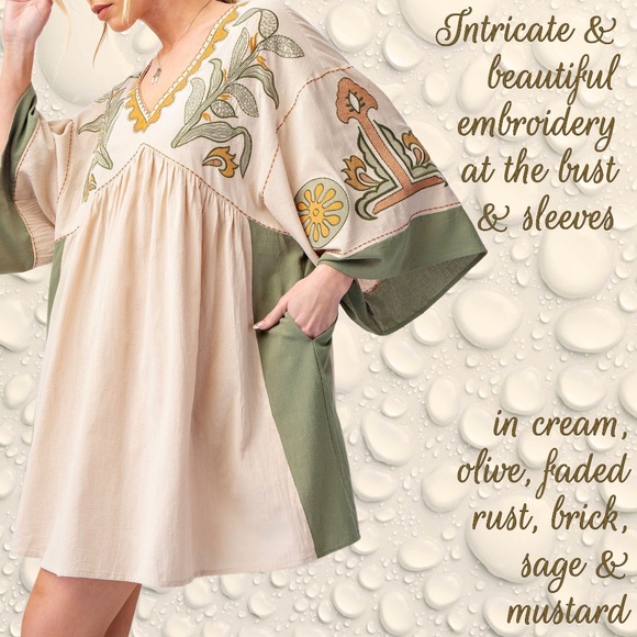 EASEL "Desert Flower" Xtra Full Comfy Linen-Look Embroidered Tunic Dress Pockets - Picture 5 of 15